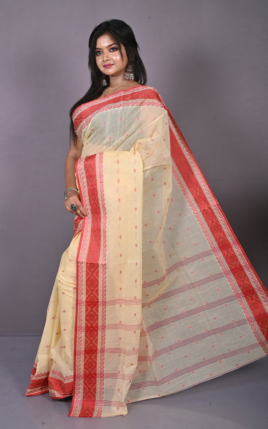 Thread Nakshi Woven Work Bengal Tangail Hazar Butti Cotton Saree in Beige and Red