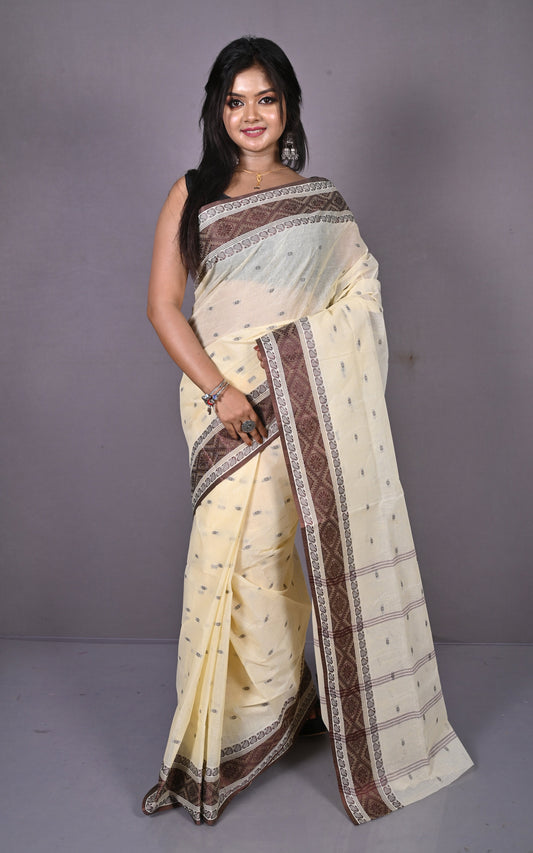 Thread Nakshi Woven Work Bengal Tangail Hazar Butti Cotton Saree in Beige and Chocolate Brown