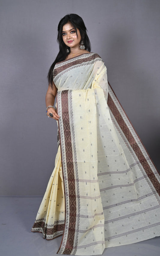 Thread Nakshi Woven Work Bengal Tangail Hazar Butti Cotton Saree in Beige and Chocolate Brown