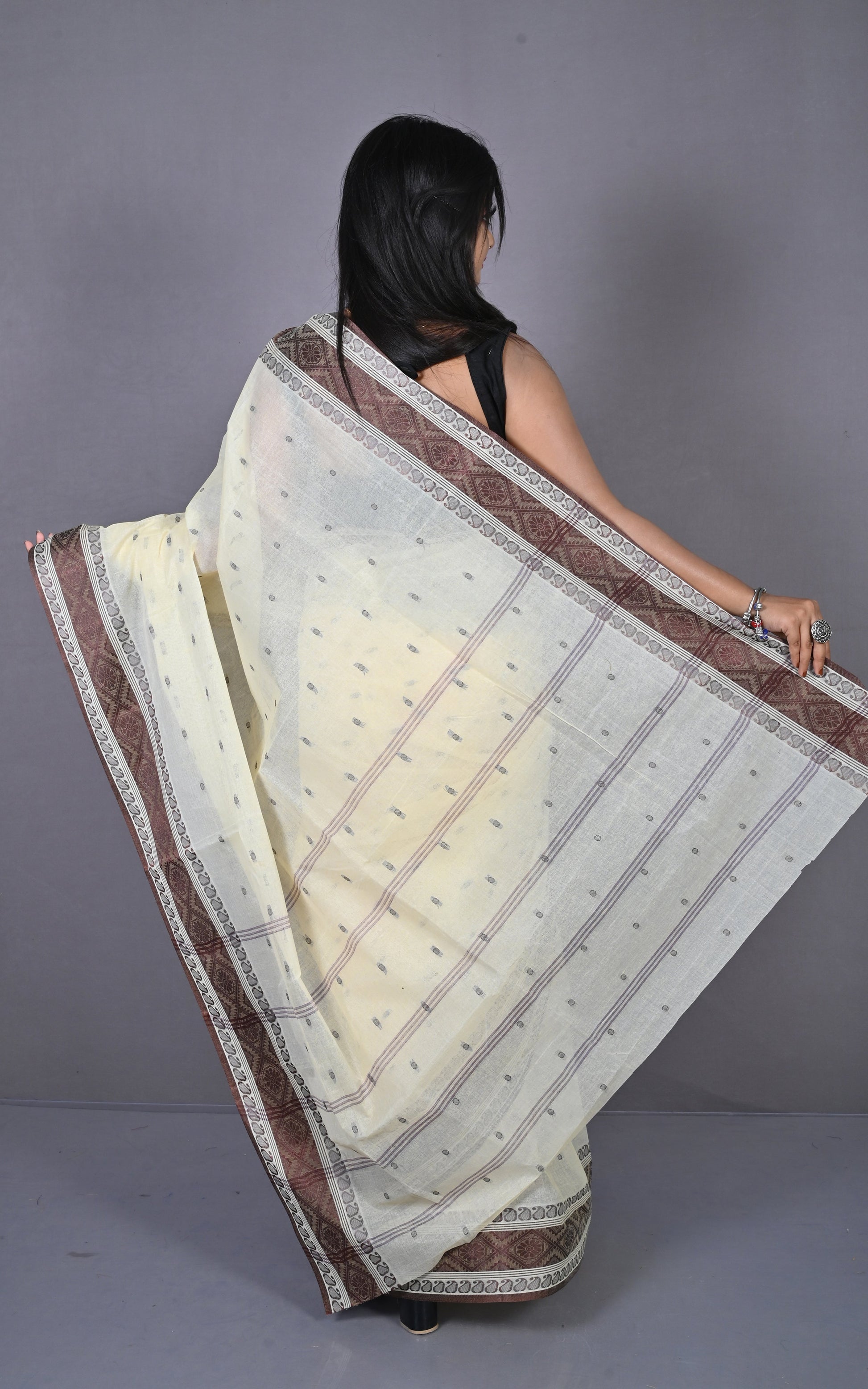 Thread Nakshi Woven Work Bengal Tangail Hazar Butti Cotton Saree in Beige and Chocolate Brown