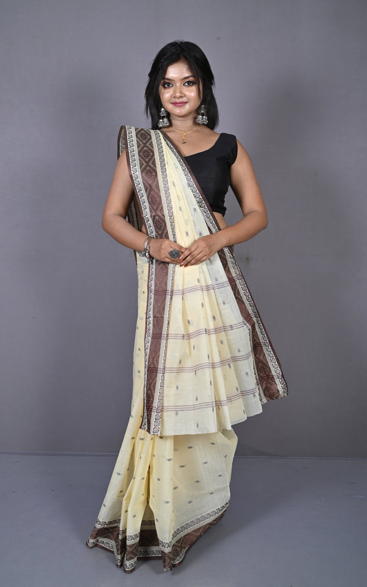 Thread Nakshi Woven Work Bengal Tangail Hazar Butti Cotton Saree in Beige and Chocolate Brown