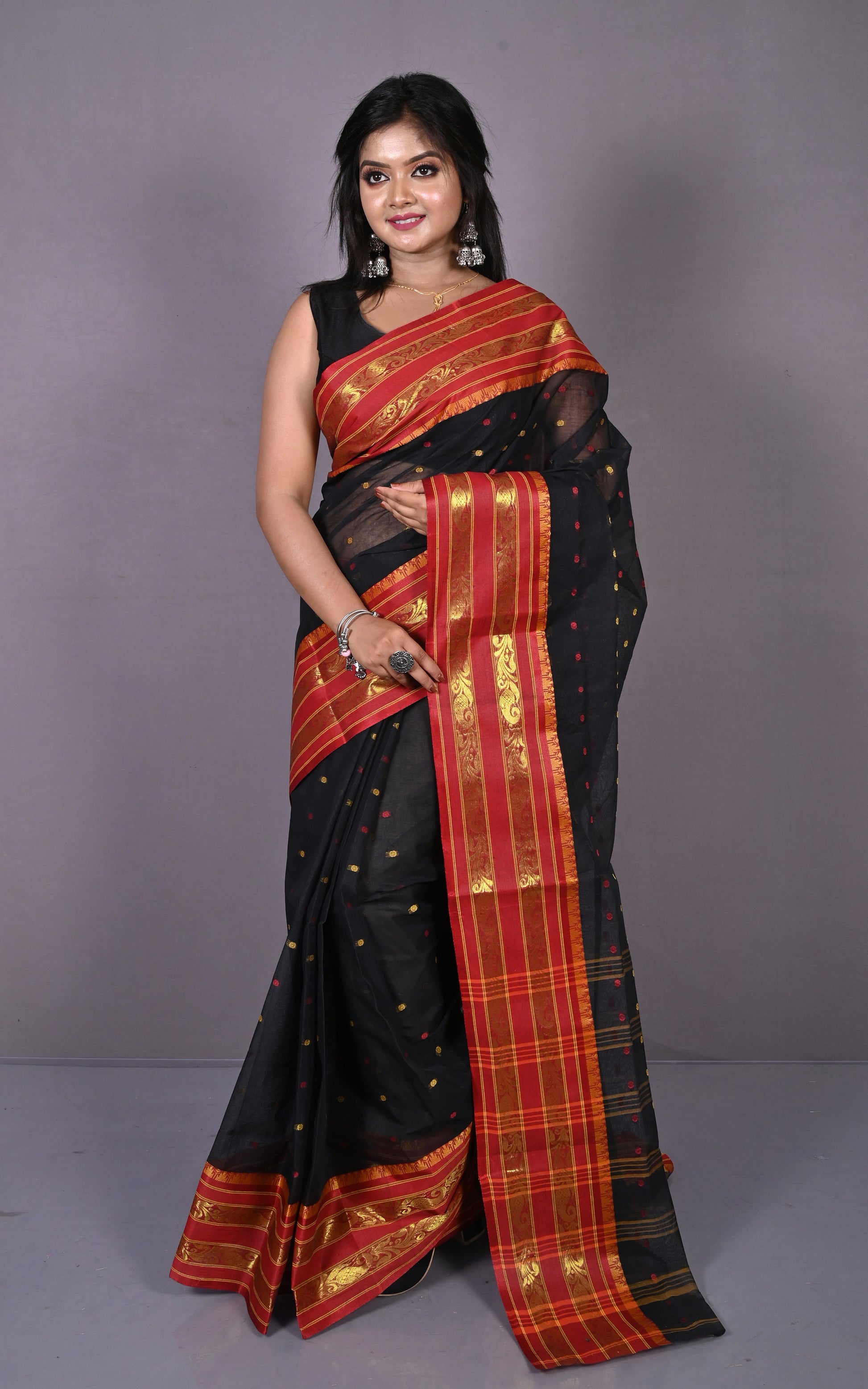 Designer Metro Nakshi Border Bengal Tangail Hazar Butti Cotton Saree in Black, Red and Beige