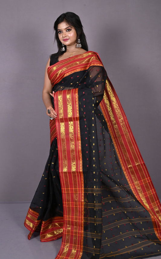 Designer Metro Nakshi Border Bengal Tangail Hazar Butti Cotton Saree in Black, Red and Beige