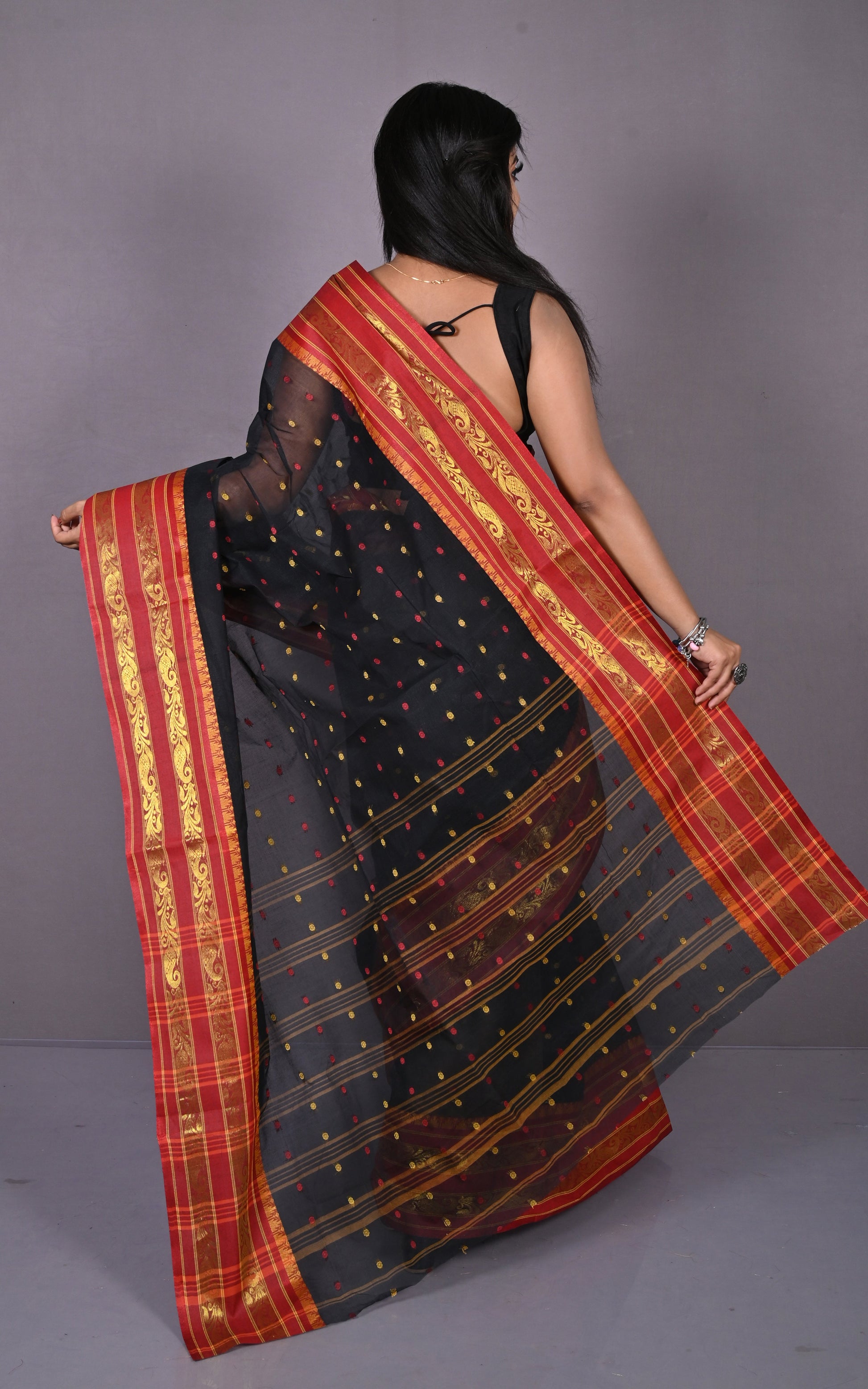 Designer Metro Nakshi Border Bengal Tangail Hazar Butti Cotton Saree in Black, Red and Beige