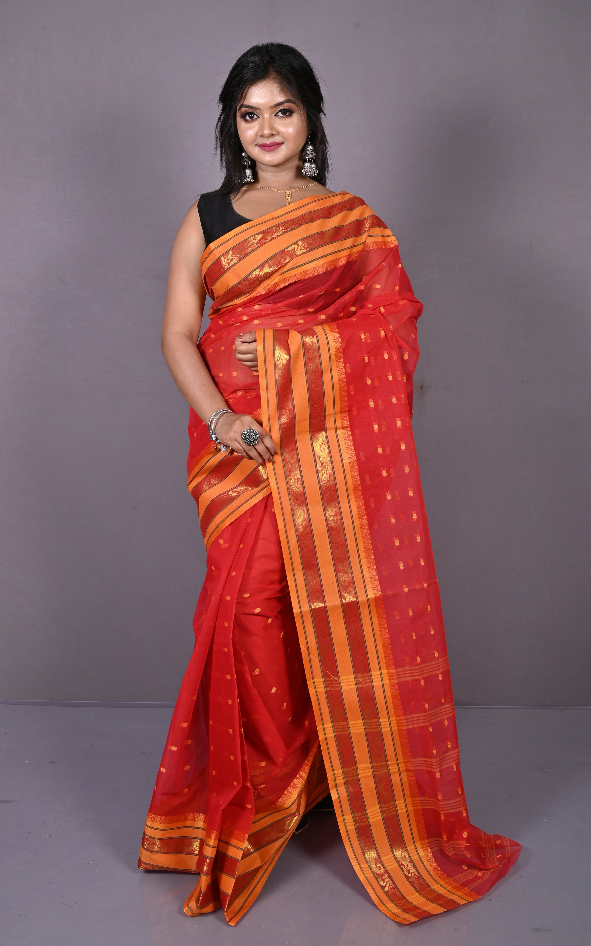 Designer Metro Nakshi Border Bengal Tangail Hazar Butti Cotton Saree in Red and Warm Beige