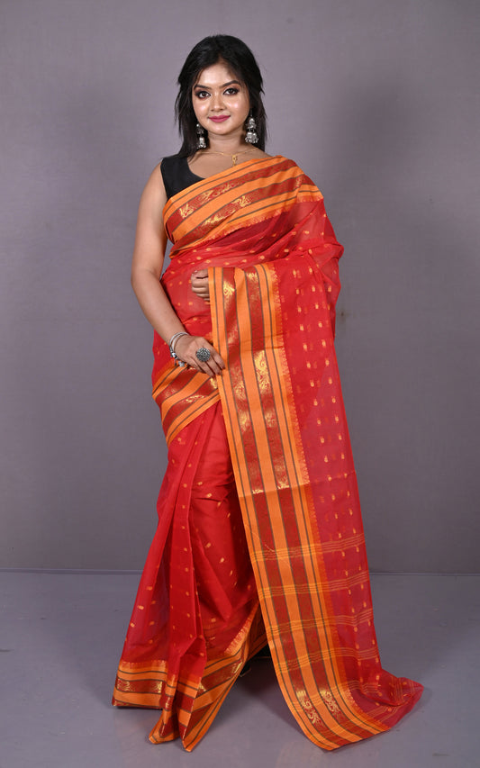 Designer Metro Nakshi Border Bengal Tangail Hazar Butti Cotton Saree in Red and Warm Beige