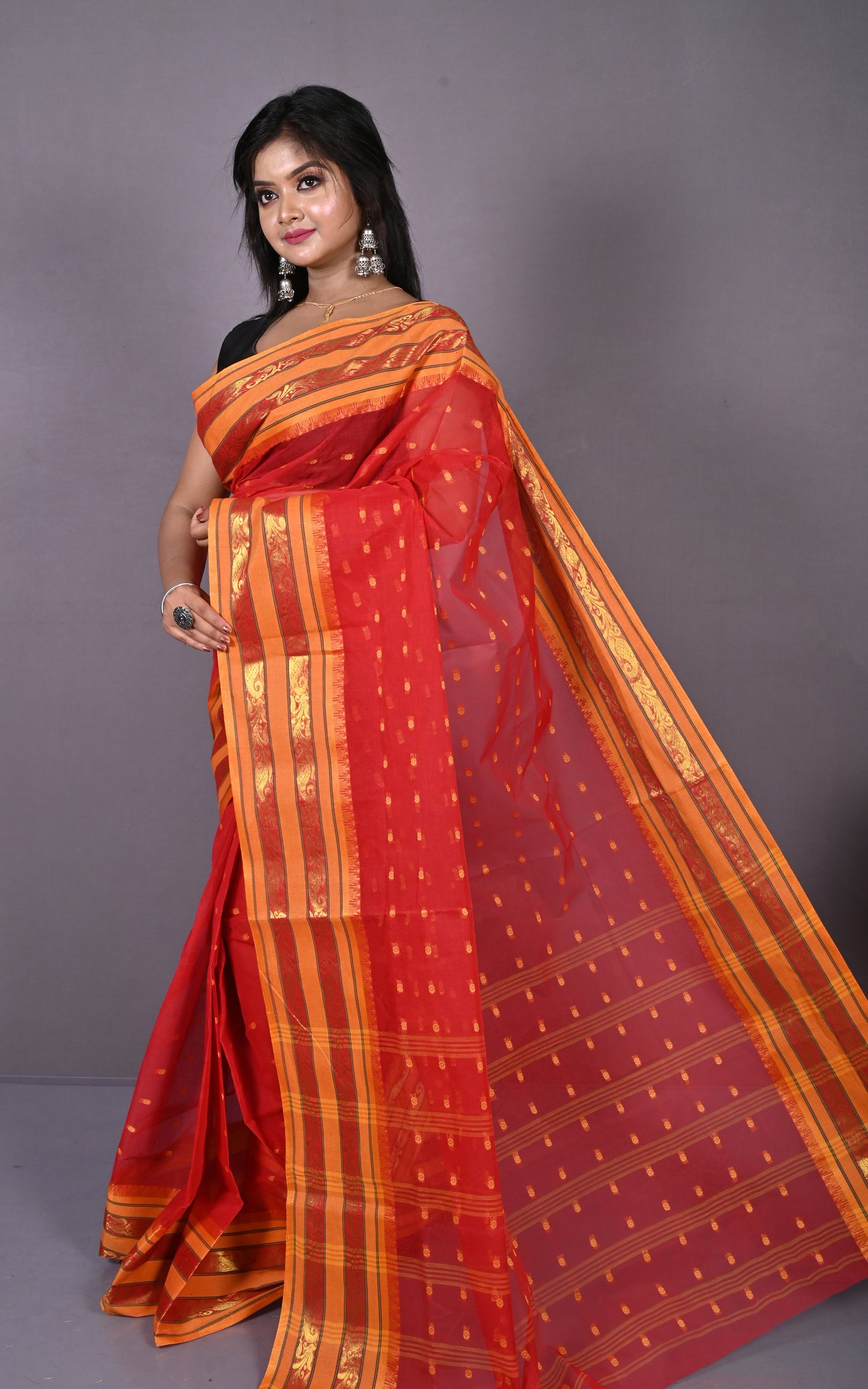 Designer Metro Nakshi Border Bengal Tangail Hazar Butti Cotton Saree in Red and Warm Beige