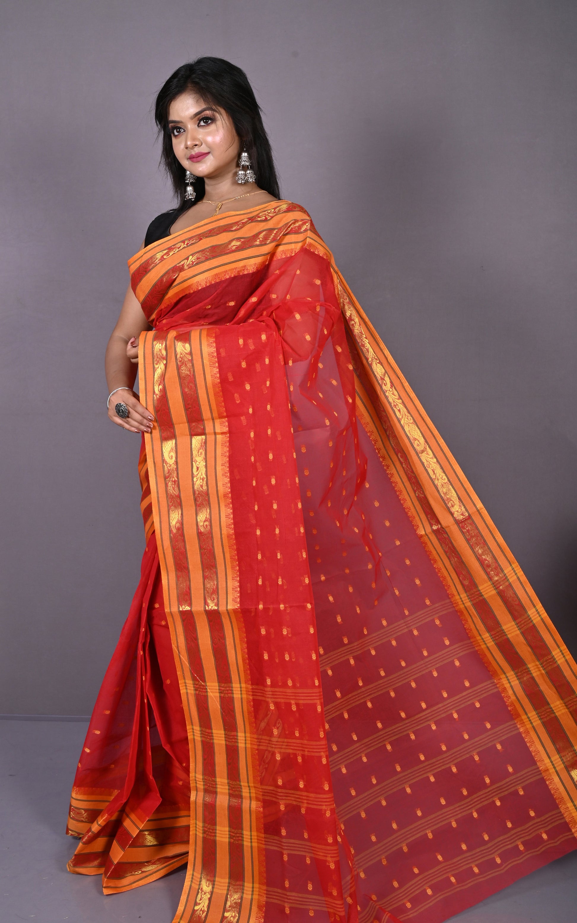 Designer Metro Nakshi Border Bengal Tangail Hazar Butti Cotton Saree in Red and Warm Beige