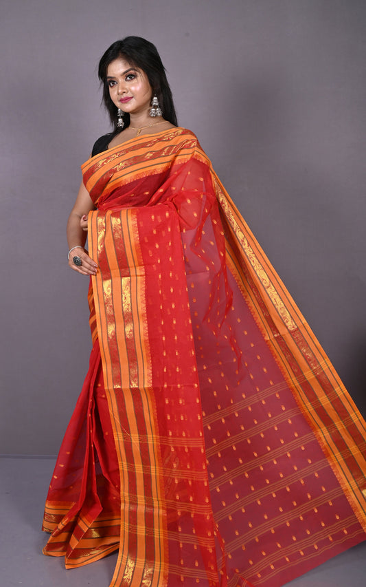 Designer Metro Nakshi Border Bengal Tangail Hazar Butti Cotton Saree in Red and Warm Beige