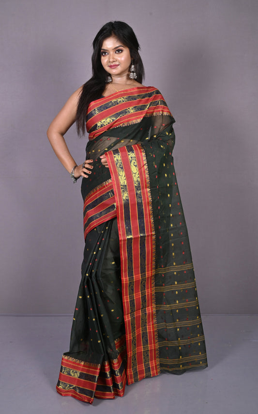 Designer Metro Nakshi Border Bengal Tangail Hazar Butti Cotton Saree in Black and Red
