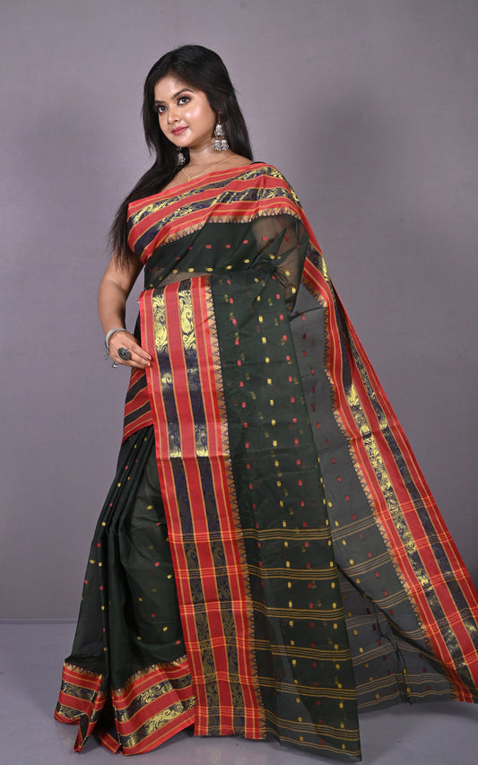 Designer Metro Nakshi Border Bengal Tangail Hazar Butti Cotton Saree in Black and Red