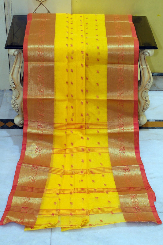 Bengal Tangail Hazar Butti Jacket Zari Nakshi Golden Border Cotton Saree in Yellow and Red
