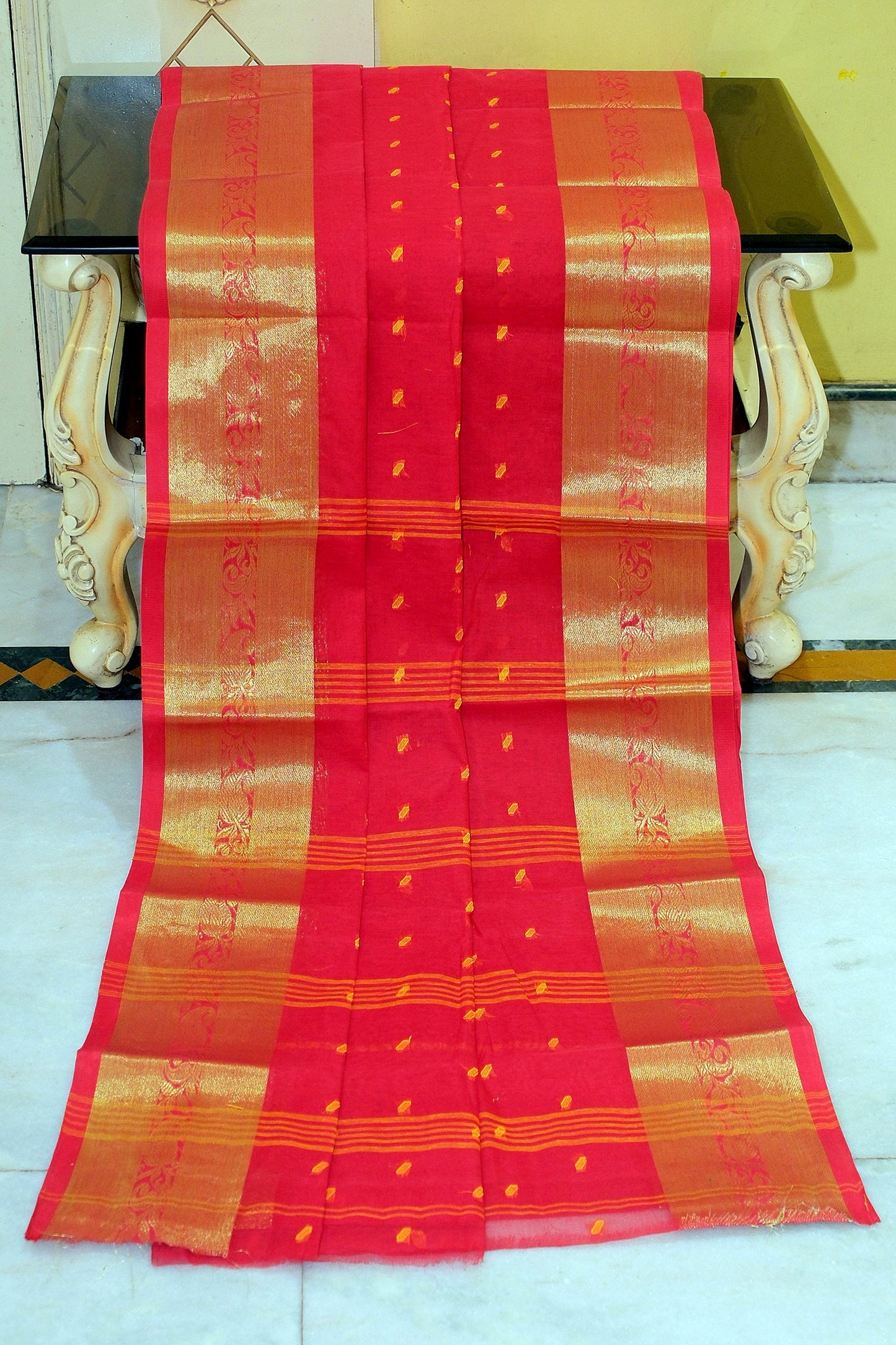 Bengal Tangail Hazar Butti Jacket Zari Nakshi Golden Border Cotton Saree in Red and Yellow