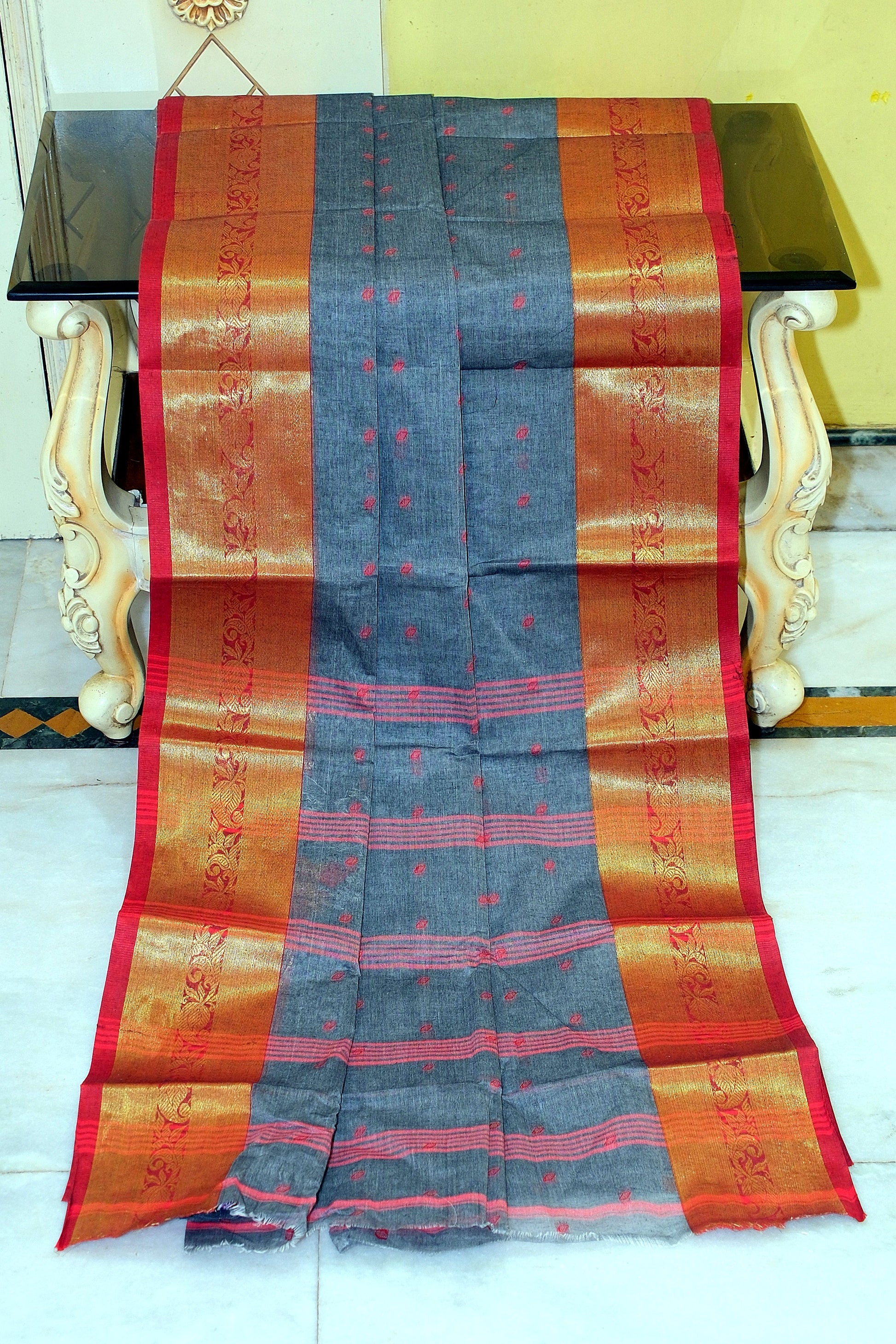 Bengal Tangail Hazar Butti Jacket Zari Nakshi Golden Border Cotton Saree in Dark Grey and Red