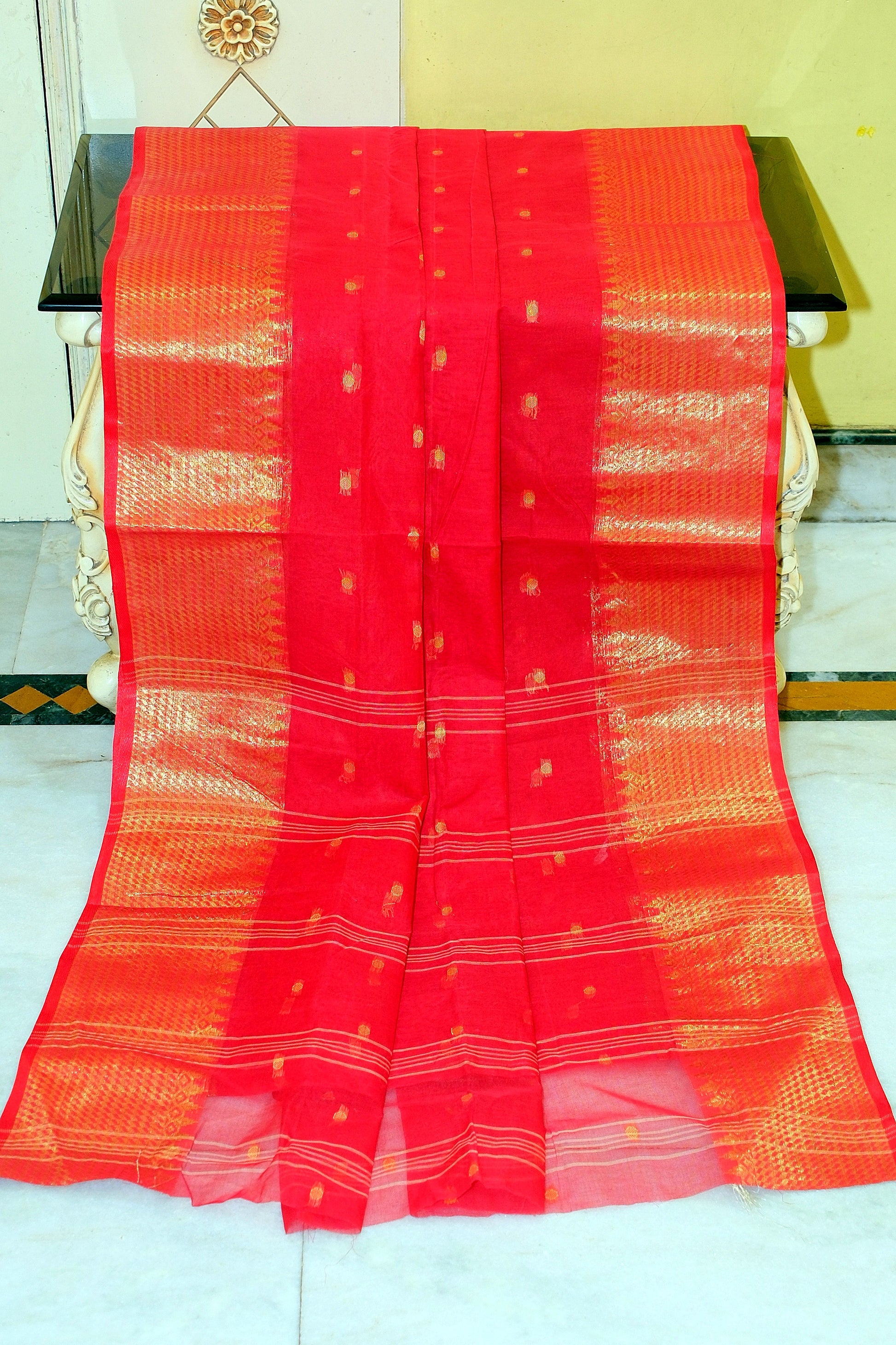 Bengal Tangail Hazar Butti Jacket Zari Nakshi Golden Border Cotton Saree in Bright Red and Beige