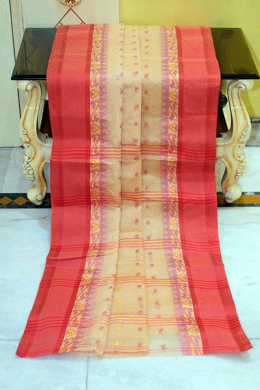 Bengal Tangail Hazar Butti Jacket Matta Thread Nakshi Border Cotton Saree in Biscotti, Cream Can and Red