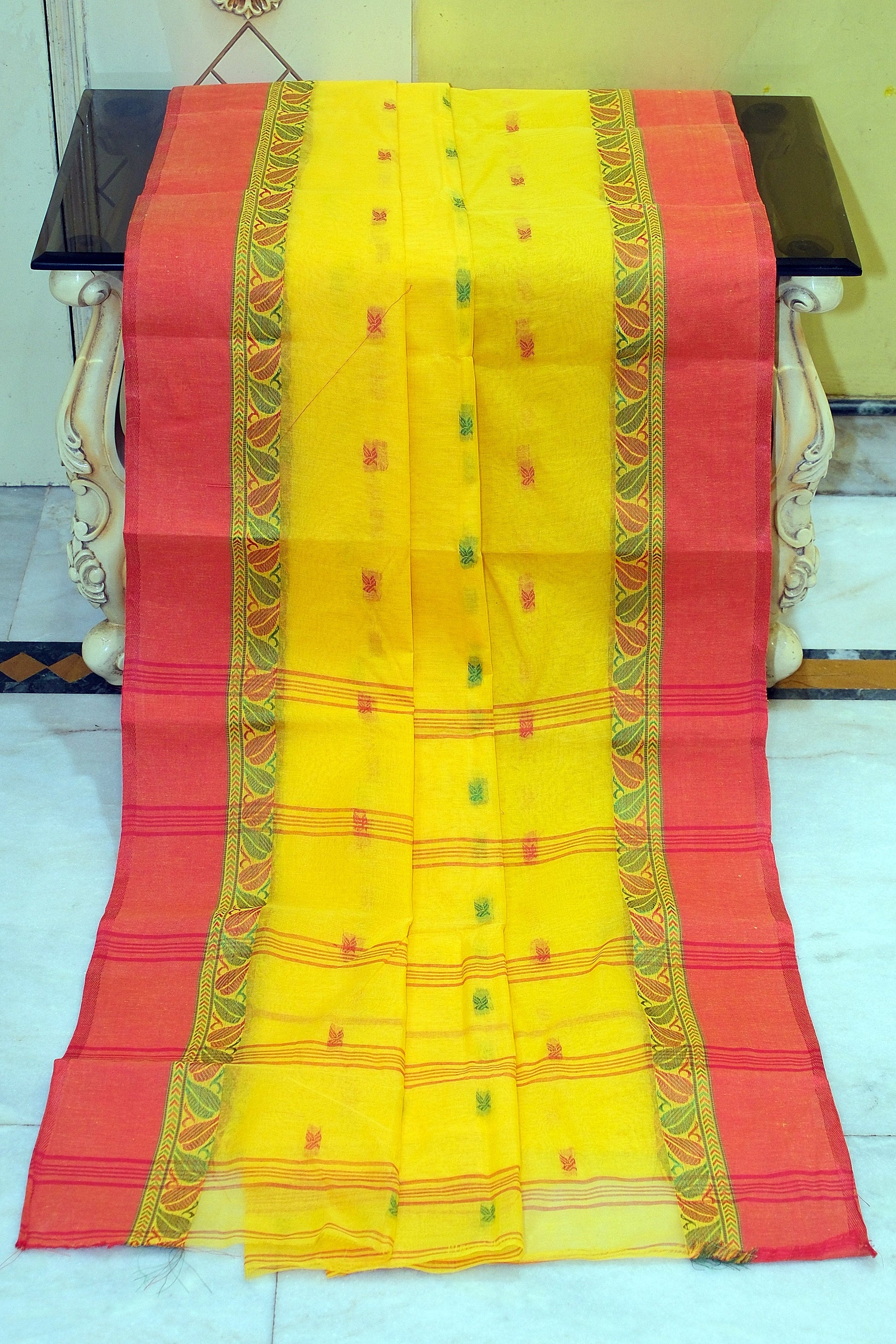 Bengal Tangail Hazar Butti Jacket Matta Thread Nakshi Border Cotton Saree in Yellow, Red and Green