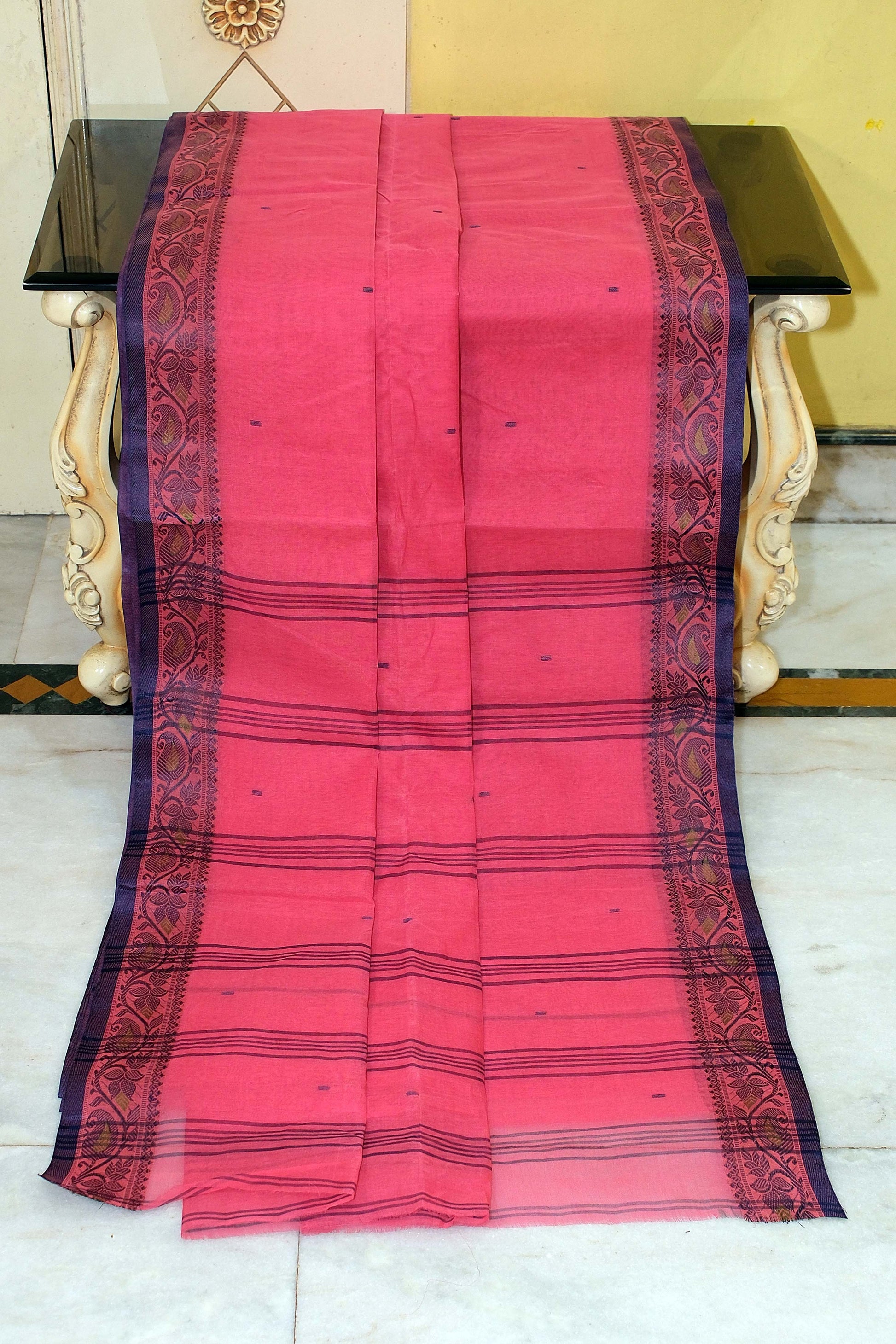 Thread Nakshi Jacket Border Bengal Handloom Cotton Saree in French Rose and Black Currant