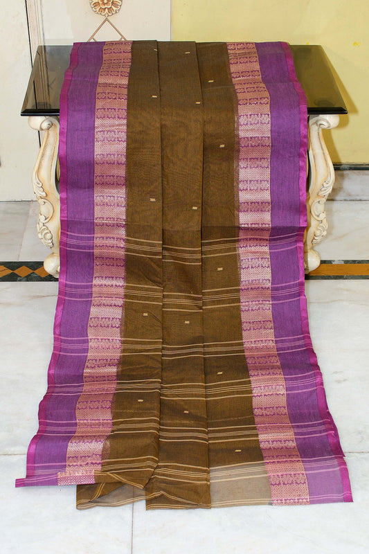 Bengal Handloom Cotton Saree in Antique Brass and Palatinate Purple