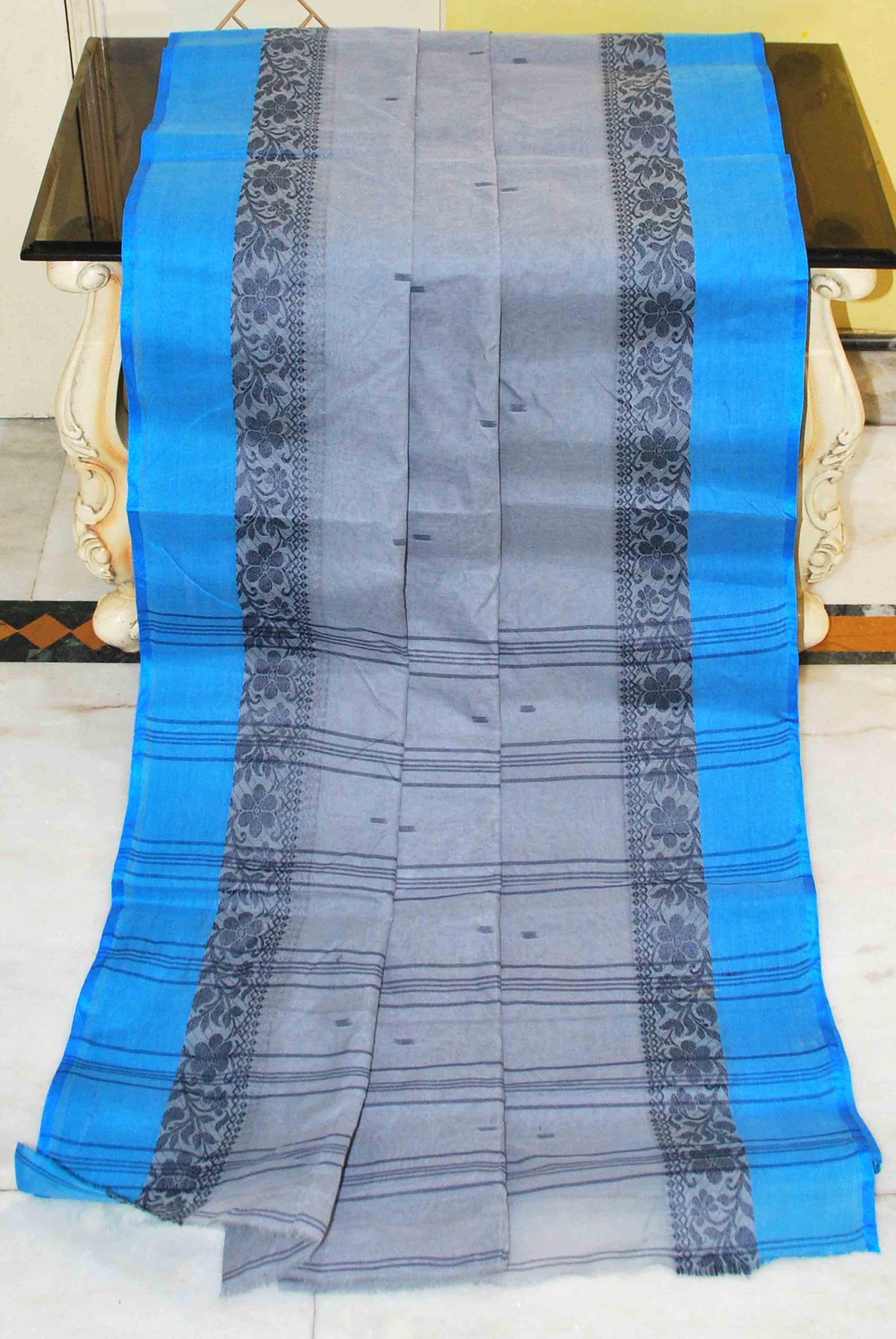 Bengal Handloom Cotton Saree in Gray, Black and Blue