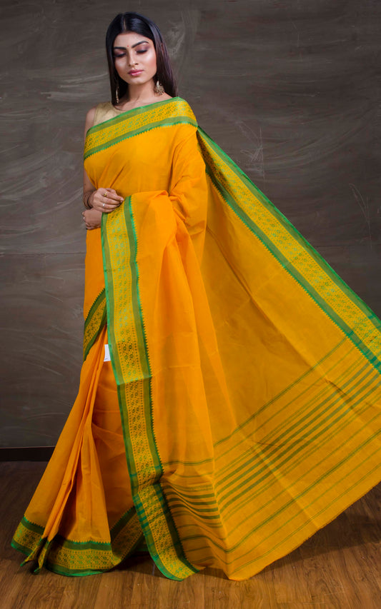 Bengal Handloom Begampuri Cotton Saree in Cyber Yellow and Natural Green