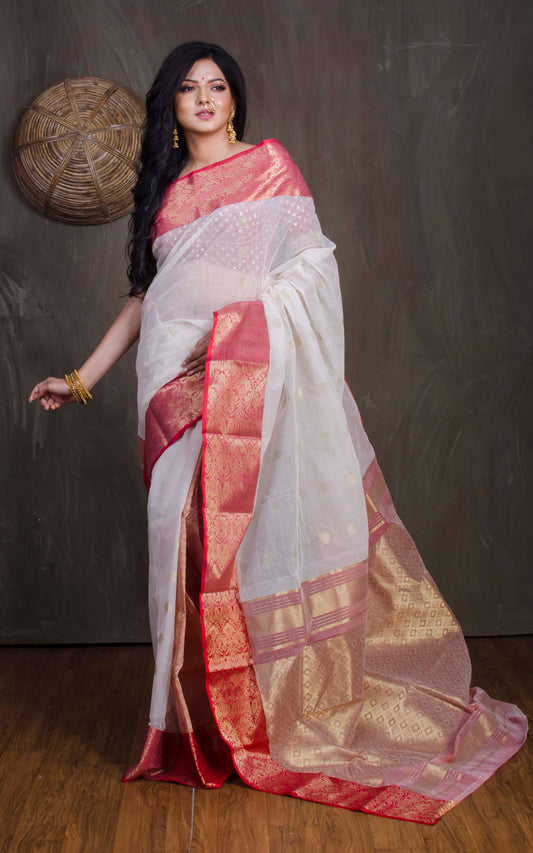 Bengal Handloom Tanchui Work  Patli Pallu Saree in Off White, Red and Gold
