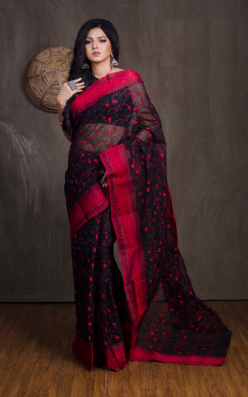 Bengal Handloom Cotton Saree with Floral Jaal Embroidery Work in Black and Red