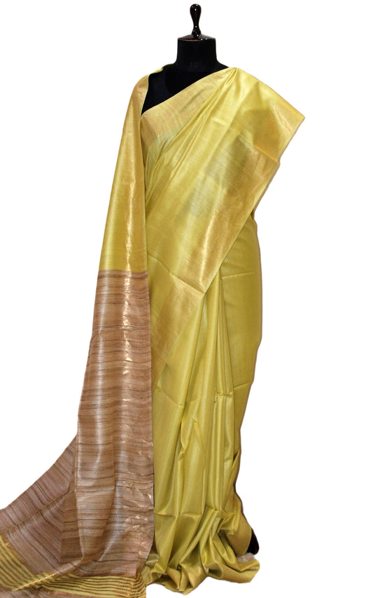 Soft Bhagalpuri Silk Saree with Natural Gicha Tussar Pallu in Lime Yellow and Brush Gold Zari Work
