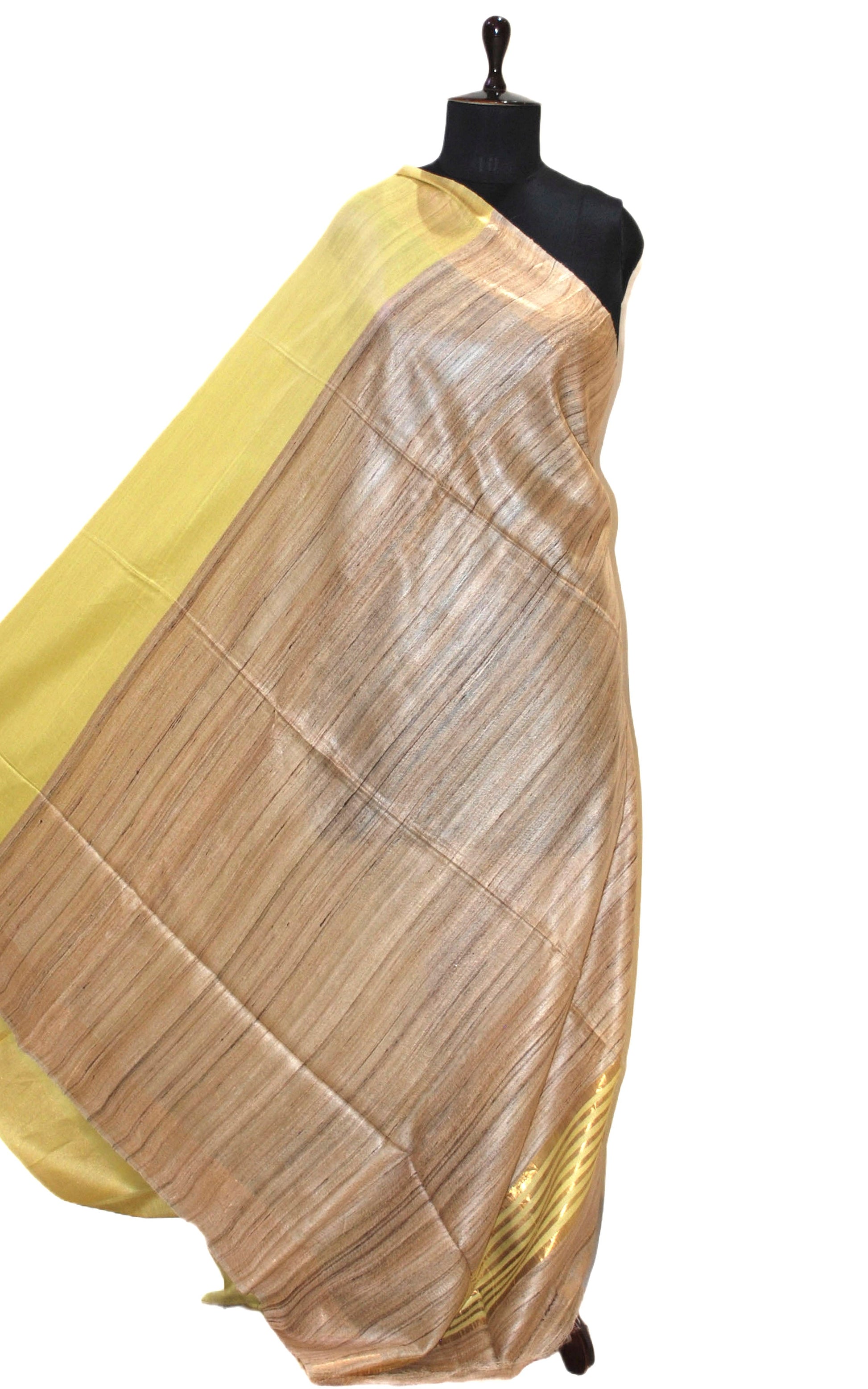 Soft Bhagalpuri Silk Saree with Natural Gicha Tussar Pallu in Lime Yellow and Brush Gold Zari Work