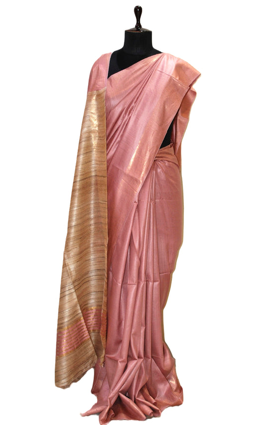Soft Bhagalpuri Silk Saree with Natural Gicha Tussar Pallu in Rose Pink and Brush Gold Zari Work