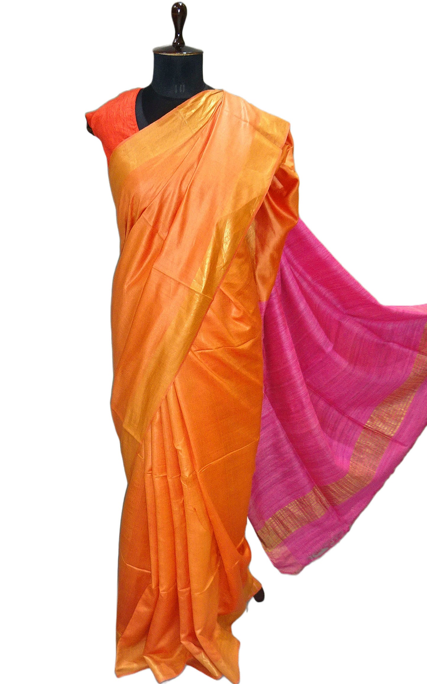Soft Bhagalpuri Silk Saree with Gicha Tussar Pallu in Orange and Pink