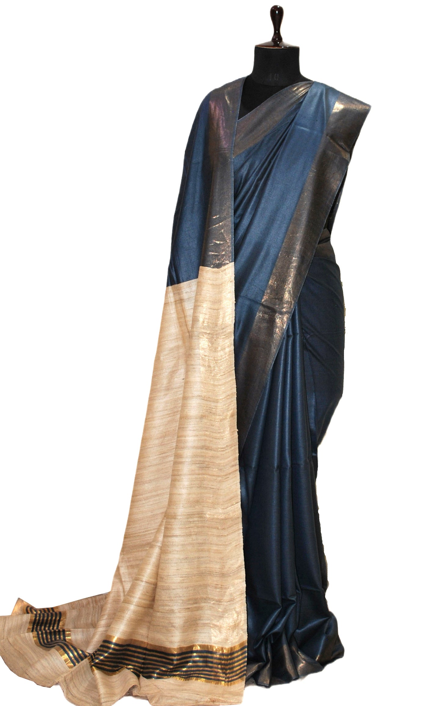 Soft Bhagalpuri Silk Saree with Natural Gicha Tussar Pallu in Spruce Blue and Brush Gold Zari Work
