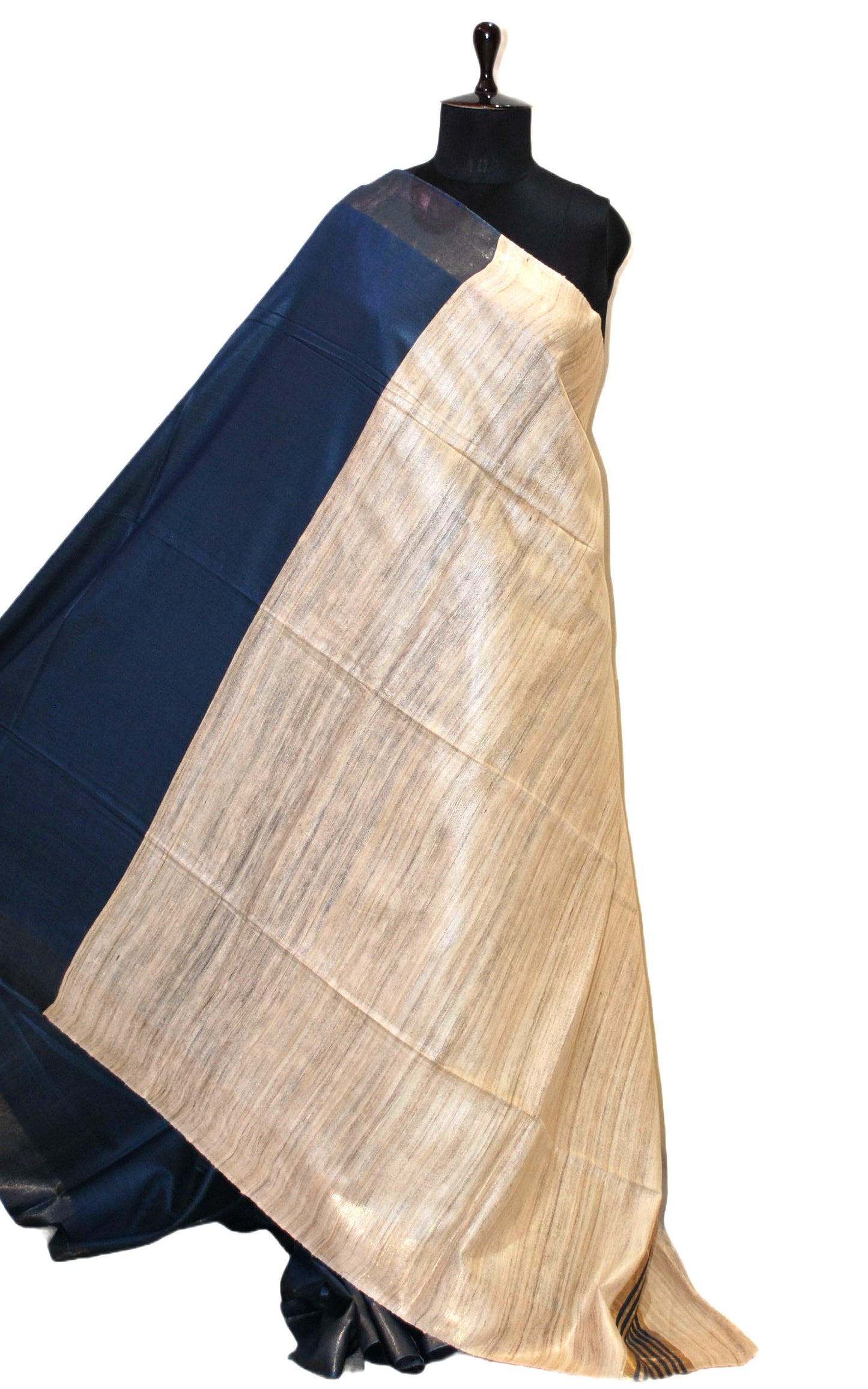 Soft Bhagalpuri Silk Saree with Natural Gicha Tussar Pallu in Spruce Blue and Brush Gold Zari Work