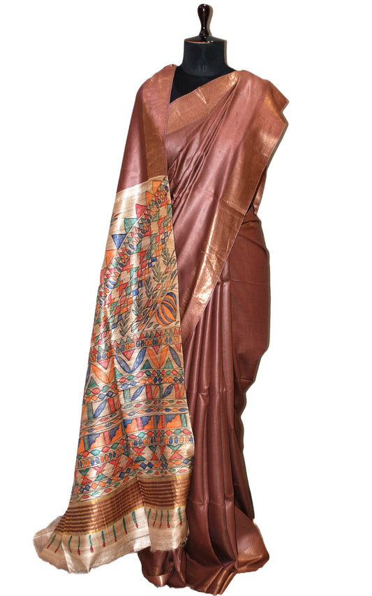 Soft Bhagalpuri Silk Saree in Hand Paint Madhubani Art with Gicha Tussar Pallu in Chocolate Brown