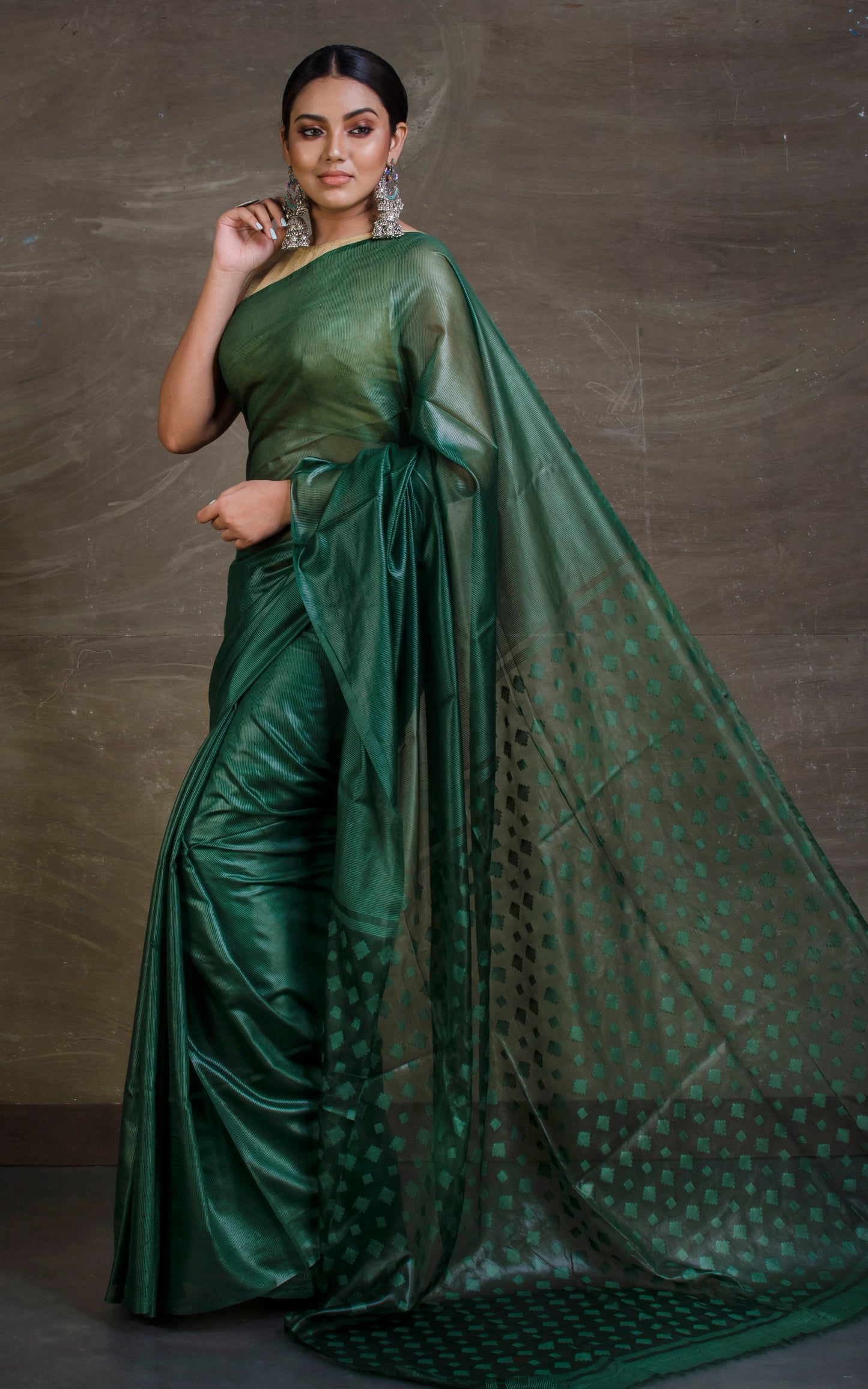 Soft Bhagalpuri Silk Saree with woven Floral Muslin Pallu in Bottle Green
