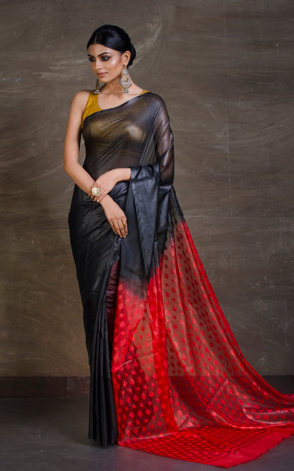 Soft Bhagalpuri Silk Saree with woven Floral Muslin Pallu in Black and Red