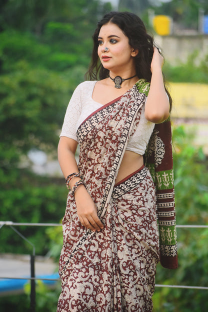 Dhaure - Wine Bagru Natural Dyes Handblock Printed - Cotton Mulmul Saree