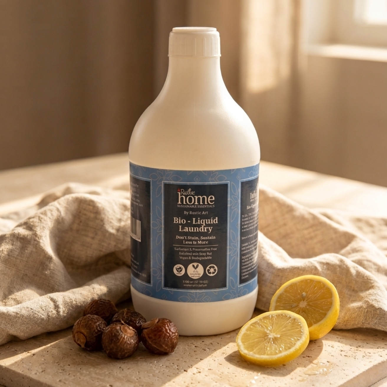 Bottle of bio-liquid laundry detergent with lemons and soap nuts on a wooden surface.