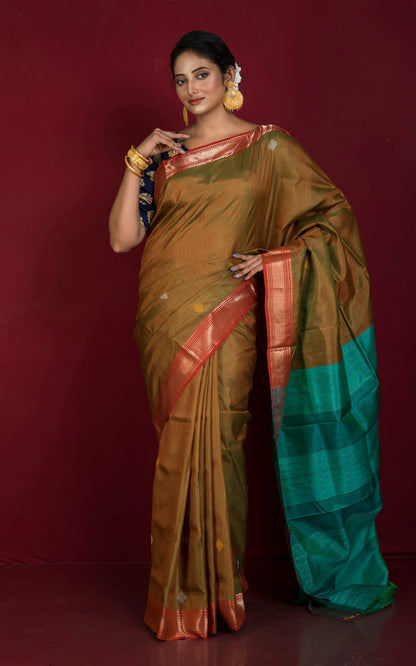 Handwoven Bishnupuri Chatai Medium Border Katan Silk Saree in Brown, Turquoise and Red
