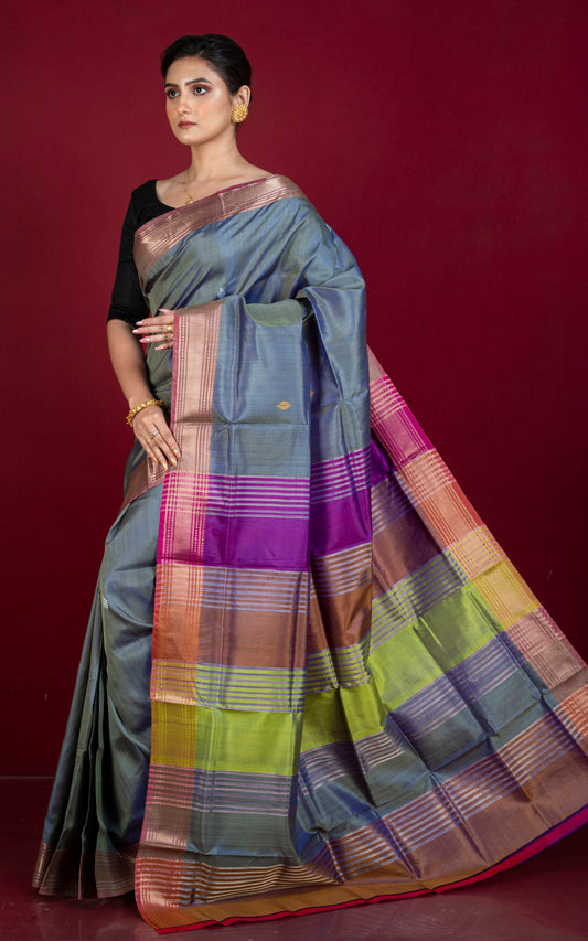 Handwoven Bishnupuri Chatai Medium Border Katan Silk Saree in Grey, Pale Red and Multicolored