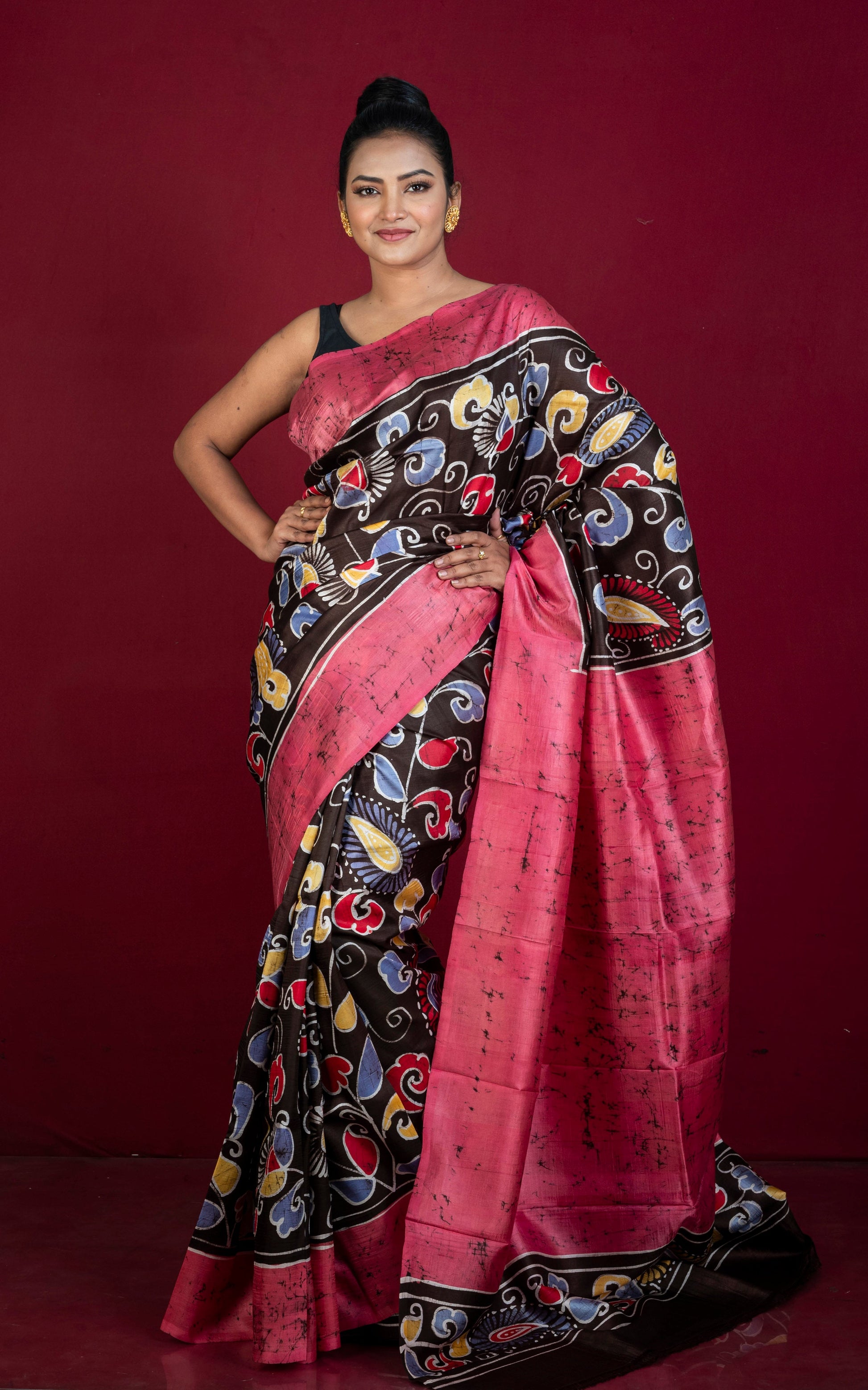 Hand Batik Soft Bishnupuri Pure Silk Saree in Dark Brown, Strawberry Pink, Off White and Multicolored