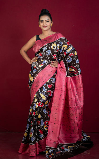 Hand Batik Soft Bishnupuri Pure Silk Saree in Dark Brown, Strawberry Pink, Off White and Multicolored