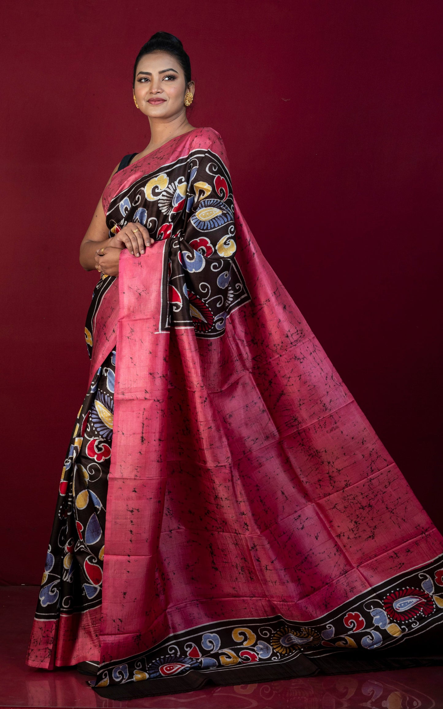 Hand Batik Soft Bishnupuri Pure Silk Saree in Dark Brown, Strawberry Pink, Off White and Multicolored