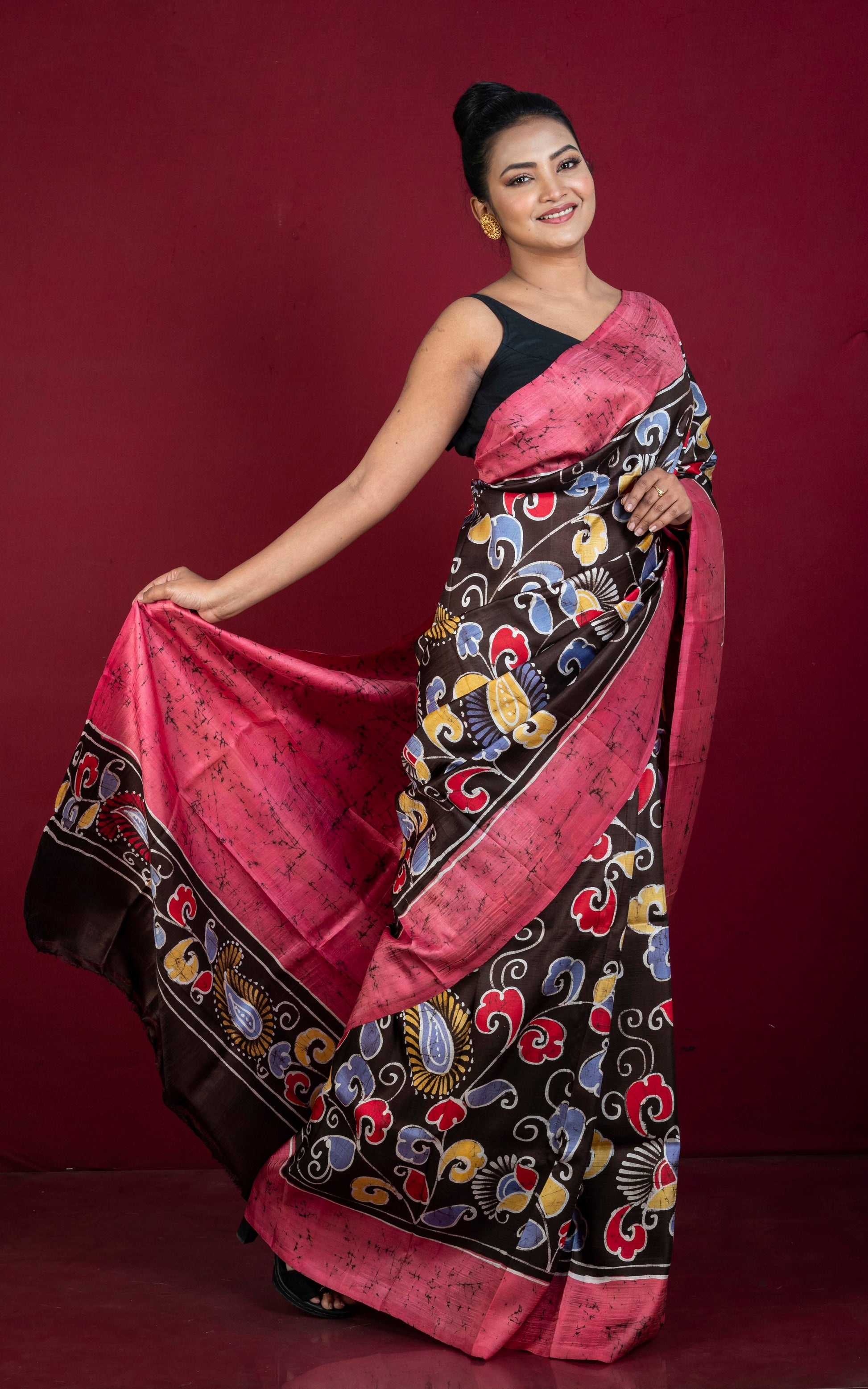 Hand Batik Soft Bishnupuri Pure Silk Saree in Dark Brown, Strawberry Pink, Off White and Multicolored