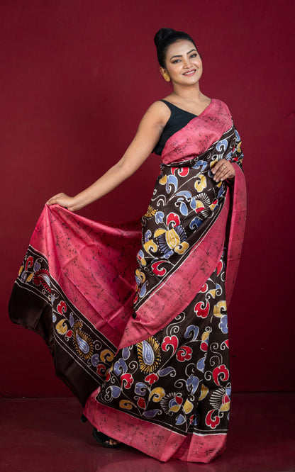 Hand Batik Soft Bishnupuri Pure Silk Saree in Dark Brown, Strawberry Pink, Off White and Multicolored