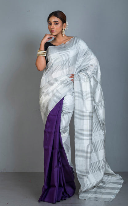 Half and Half Soft Bishnupuri Designer Katan Silk Saree in Off White, Black and Purple