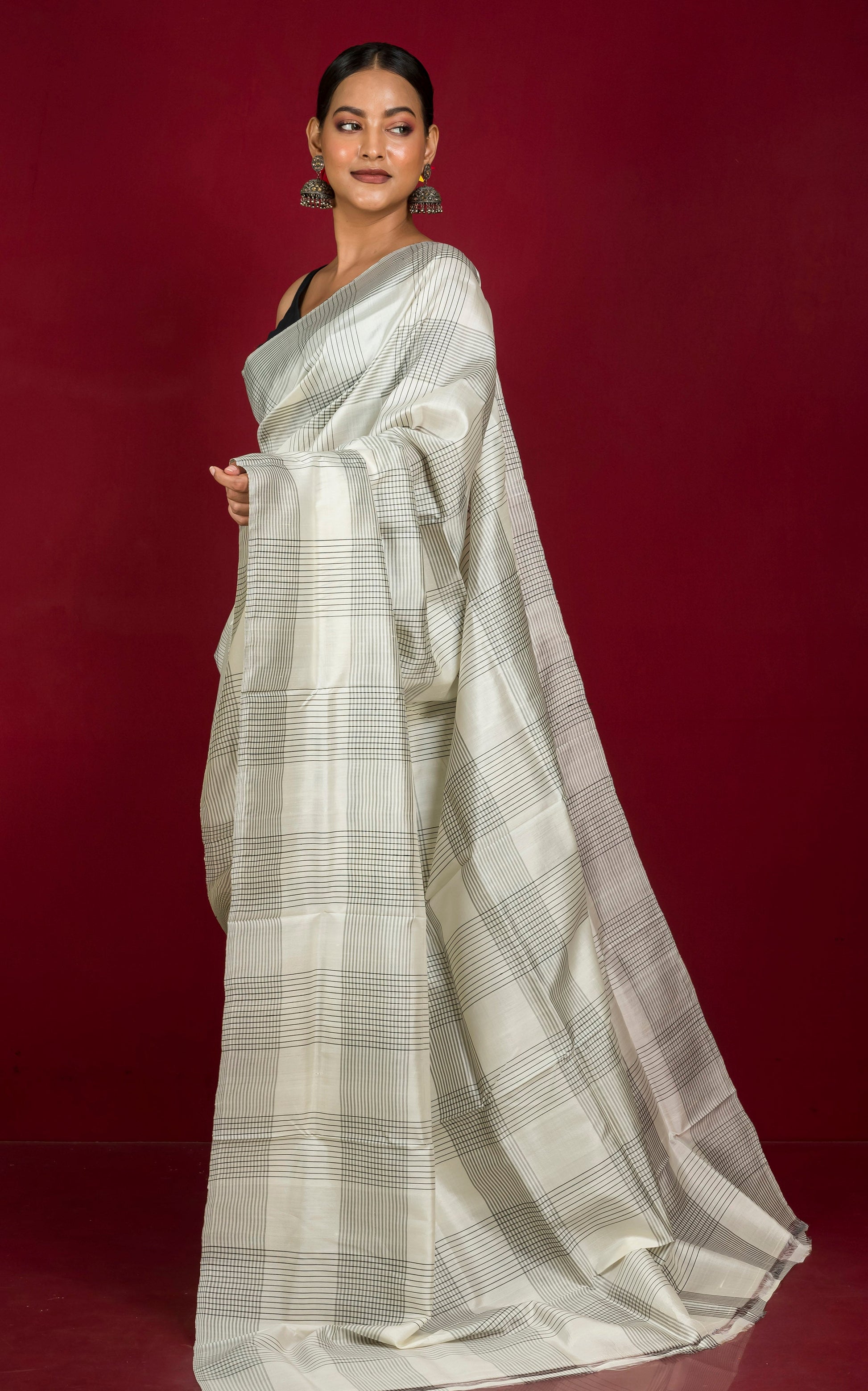 Half and Half Soft Bishnupuri Katan Silk Saree in Off White, Black and Yellow