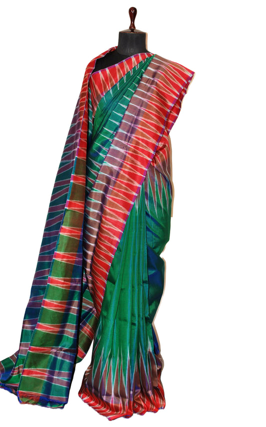 Bishnupuri Double Ikkat Pure Silk Saree in Emerald Green and Multicolored
