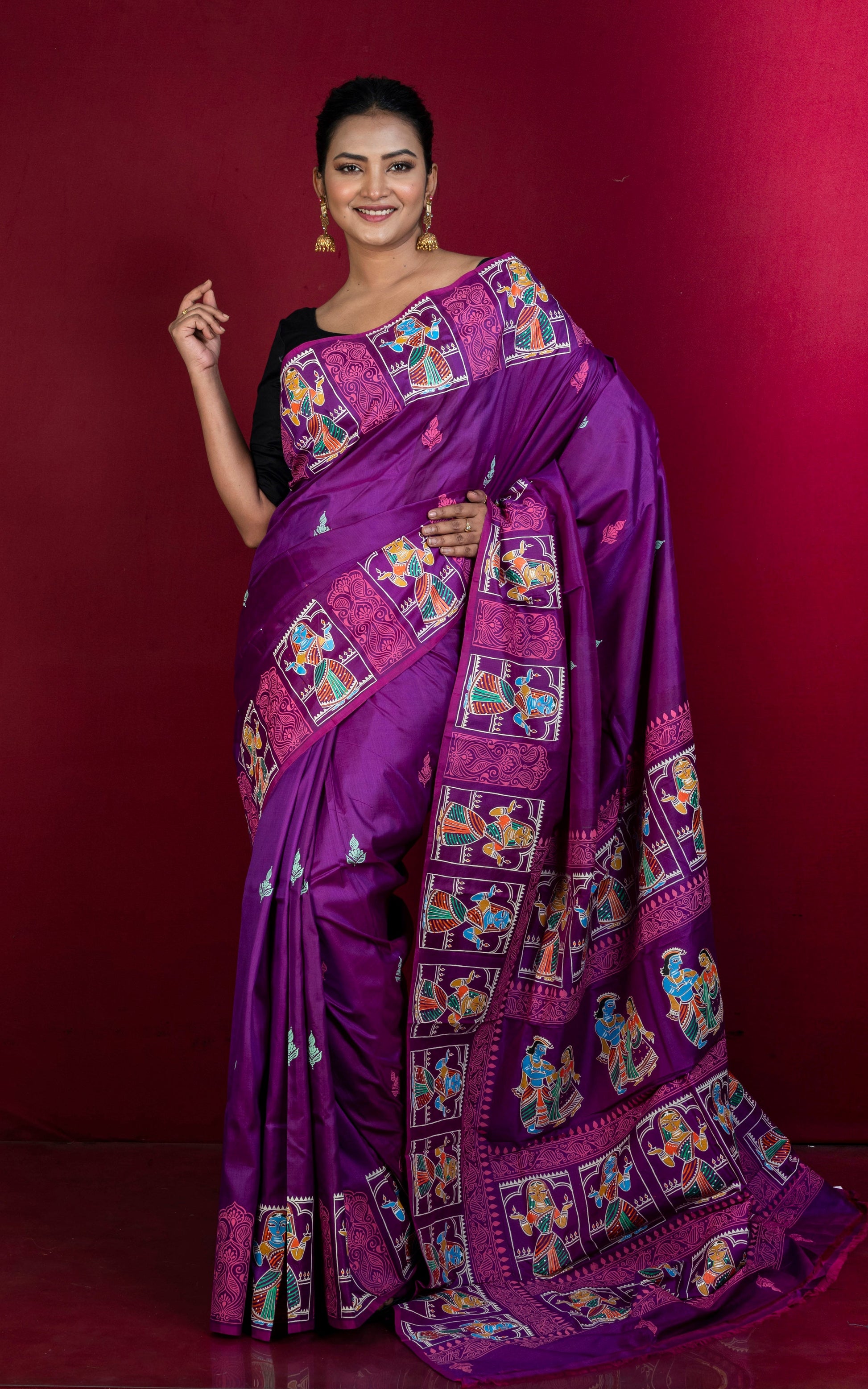 Patachitra Hand Fabric Art on Soft Bishnupuri Katan Silk Saree in Dark Magenta, Mint Green, Neon Pink and Multicolored