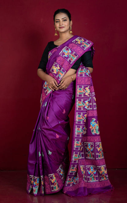 Patachitra Hand Fabric Art on Soft Bishnupuri Katan Silk Saree in Dark Magenta, Mint Green, Neon Pink and Multicolored